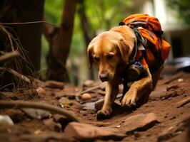 geschoold zoeken en redden hond werken ijverig in een ramp Oppervlakte ai generatief foto