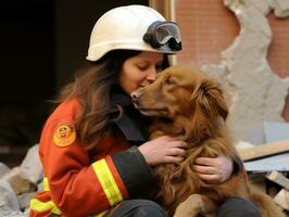 geschoold zoeken en redden hond werken ijverig in een ramp Oppervlakte ai generatief foto