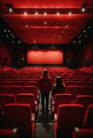 bioscoop auditorium met rood stoelen en projector scherm. terug visie van onherkenbaar mensen zittend in bioscoop hal. ai generatief foto