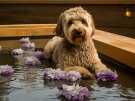 sereen hond genieten van een massage Bij een huisdier spa ai generatief foto