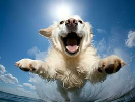 nat en blij hond springend in een zwembad Aan een heet zomer dag ai generatief foto