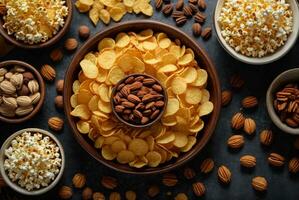 verscheidenheid van snacks in houten kommen. noten, maïs, rozijnen, pinda's, walnoten, pecannoten, cornflakes, veenbessen. ai generatief foto