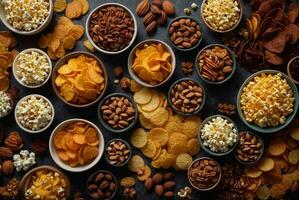 verscheidenheid van snacks in houten kommen. noten, maïs, rozijnen, pinda's, walnoten, pecannoten, cornflakes, veenbessen. ai generatief foto