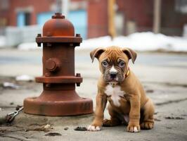 schattig puppy zittend door een brand hydrant ai generatief foto