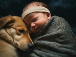 liefhebbend hond nuzzling een pasgeboren baby in een wieg ai generatief foto