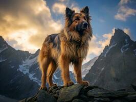 majestueus hond staand trots Aan een berg top ai generatief foto