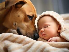 liefhebbend hond nuzzling een pasgeboren baby in een wieg ai generatief foto