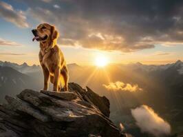 majestueus hond staand trots Aan een berg top ai generatief foto