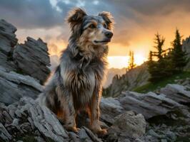 majestueus hond staand trots Aan een berg top ai generatief foto