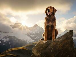 majestueus hond staand trots Aan een berg top ai generatief foto