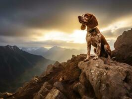 majestueus hond staand trots Aan een berg top ai generatief foto