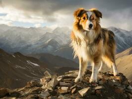 majestueus hond staand trots Aan een berg top ai generatief foto