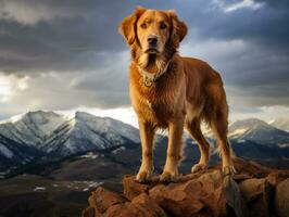 majestueus hond staand trots Aan een berg top ai generatief foto