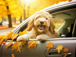 gelukkig hond rijden in een auto met haar hoofd uit de venster ai generatief foto