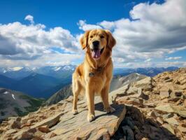 majestueus hond staand trots Aan een berg top ai generatief foto