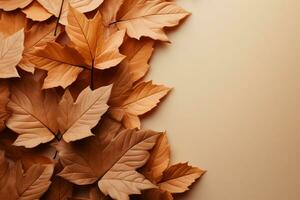 zacht bruin achtergrond met herfst bladeren top visie, minimalistische stijl ai gegenereerd foto