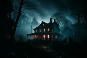 spookachtig huis, spectraal aanwezigheid, en gloeiend ramen in schimmig stilte ai gegenereerd foto