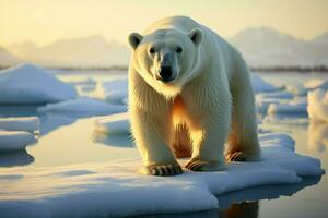 majestueus polair beer staat Aan enorm ijs ijsschots, een imposant aanwezigheid ai gegenereerd foto