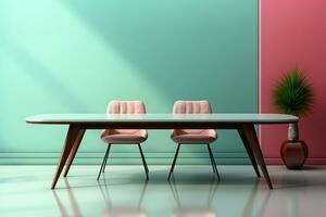 futuristische dining tafel gepositioneerd tegen een pastel muur met tekst ruimte ai gegenereerd foto