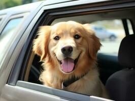 gelukkig hond rijden in een auto met haar hoofd uit de venster ai generatief foto