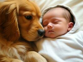 liefhebbend hond nuzzling een pasgeboren baby in een wieg ai generatief foto