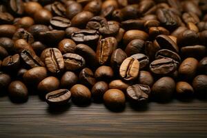 een gedetailleerd visie van koffie bonen Aan een rustiek hout oppervlakte ai gegenereerd foto