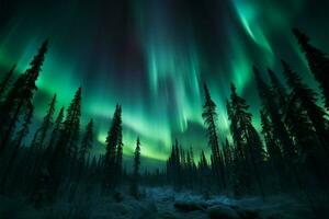 groen Aurora borealis genaden de noordelijk licht Woud en lucht ai gegenereerd foto