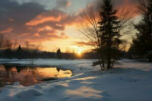 de zon reeksen, gieten een warm gloed Aan de winters landschap ai gegenereerd foto