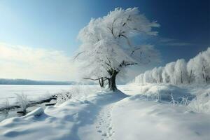 sneeuw dekens de landschap, schetsen een rustig en sereen besneeuwd pad ai gegenereerd foto