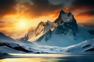zonsondergangen warmte omarmt de sneeuw gedrapeerd berg reeks in vredig grootsheid ai gegenereerd foto