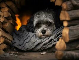 ondeugend hond gluren uit van een knus deken fort ai generatief foto