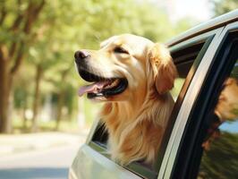 gelukkig hond rijden in een auto met haar hoofd uit de venster ai generatief foto