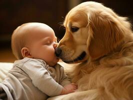 liefhebbend hond nuzzling een pasgeboren baby in een wieg ai generatief foto