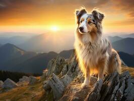 majestueus hond staand trots Aan een berg top ai generatief foto