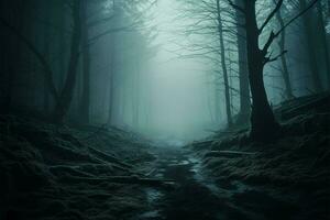spookachtig Woud wildernis gehuld in een griezelig sluier van mysterie en verschrikking ai gegenereerd foto