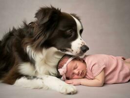 liefhebbend hond nuzzling een pasgeboren baby in een wieg ai generatief foto