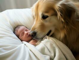 liefhebbend hond nuzzling een pasgeboren baby in een wieg ai generatief foto