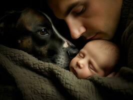 liefhebbend hond nuzzling een pasgeboren baby in een wieg ai generatief foto