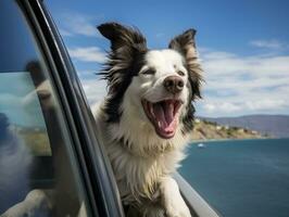 gelukkig hond rijden in een auto met haar hoofd uit de venster ai generatief foto