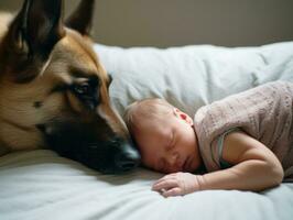 liefhebbend hond nuzzling een pasgeboren baby in een wieg ai generatief foto