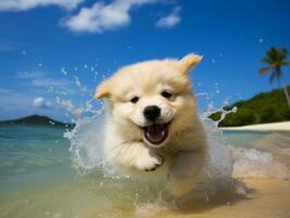 gelukkig hond spelen Aan de strand ai generatief foto