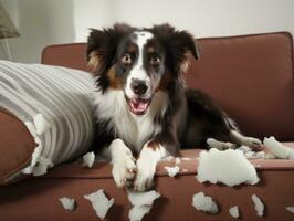 hond met een ondeugend uitdrukking omringd door verscheurd kussens ai generatief foto