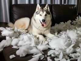 hond met een ondeugend uitdrukking omringd door verscheurd kussens ai generatief foto