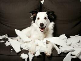 hond met een ondeugend uitdrukking omringd door verscheurd kussens ai generatief foto