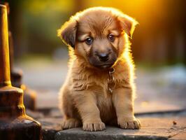 schattig puppy zittend door een brand hydrant ai generatief foto