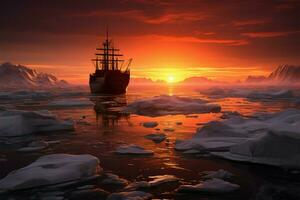 aard grootsheid en arctisch exploratie samenvoegen in een adembenemend zonsondergang ai gegenereerd foto