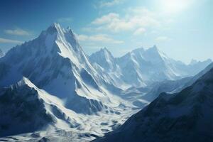 majestueus bergen gekroond in sneeuw en gletsjers creëren een adembenemend visie ai gegenereerd foto