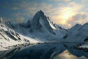 digitaal kunst presenteert sneeuw gedekt pieken in een 3d berg instelling ai gegenereerd foto
