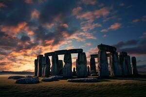 oude stenen Bij stonehenge getuige de betoverend winter zonnestilstand evenement ai gegenereerd foto
