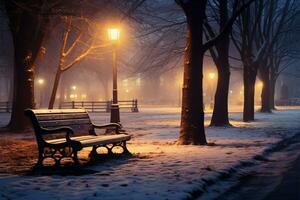 avond charme houten bank, stad park, winter lichten, illustratie schoonheid ai gegenereerd foto